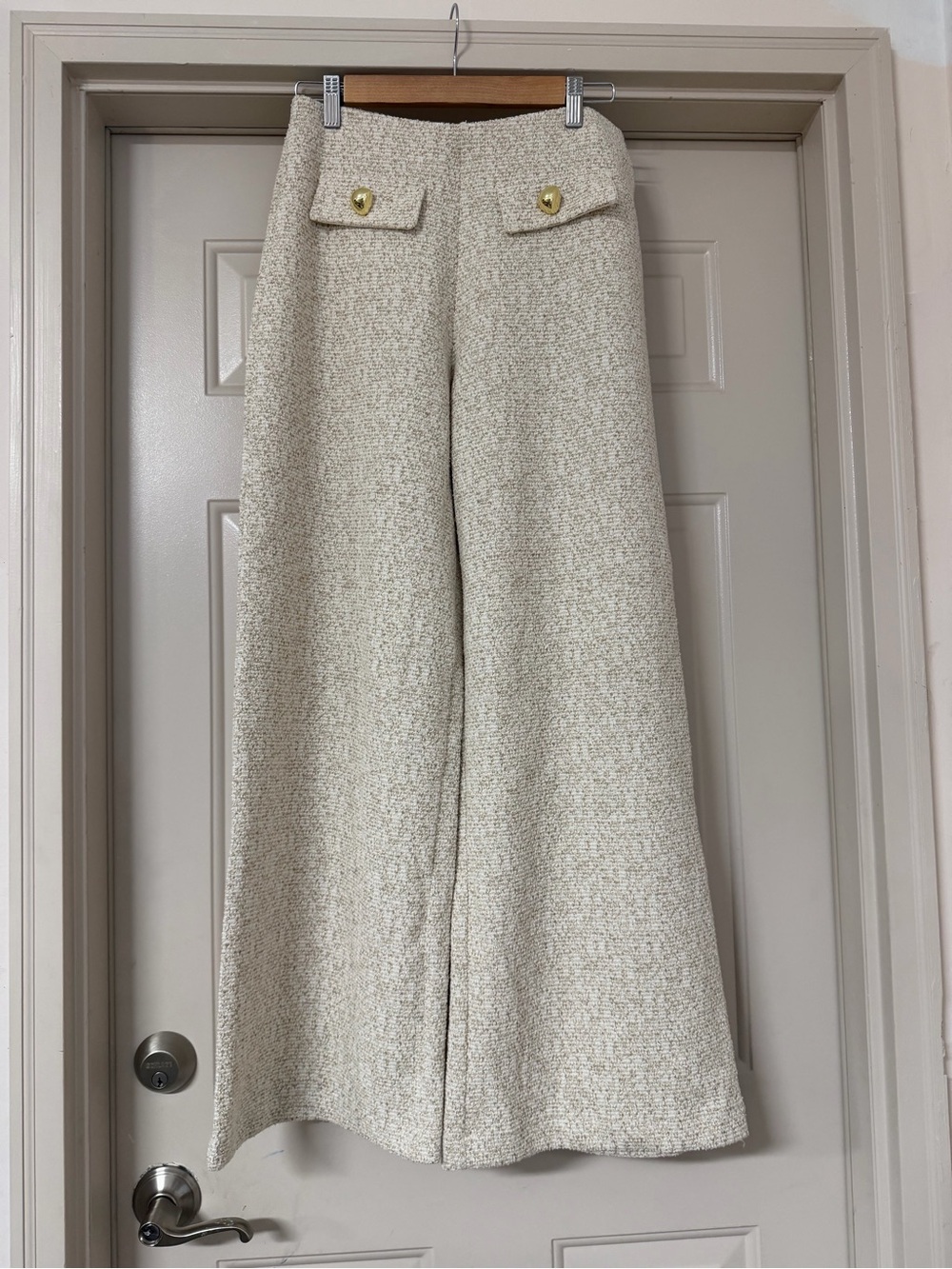 New Zara High Waist Wide Leg Textured Metallic Thread Cream Pants
